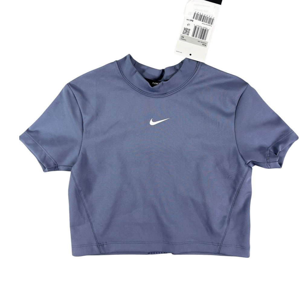 Nike Pro Kids Training Top Blue Grey Mock Neck Crop Swoosh HG3508-499 XS NWT